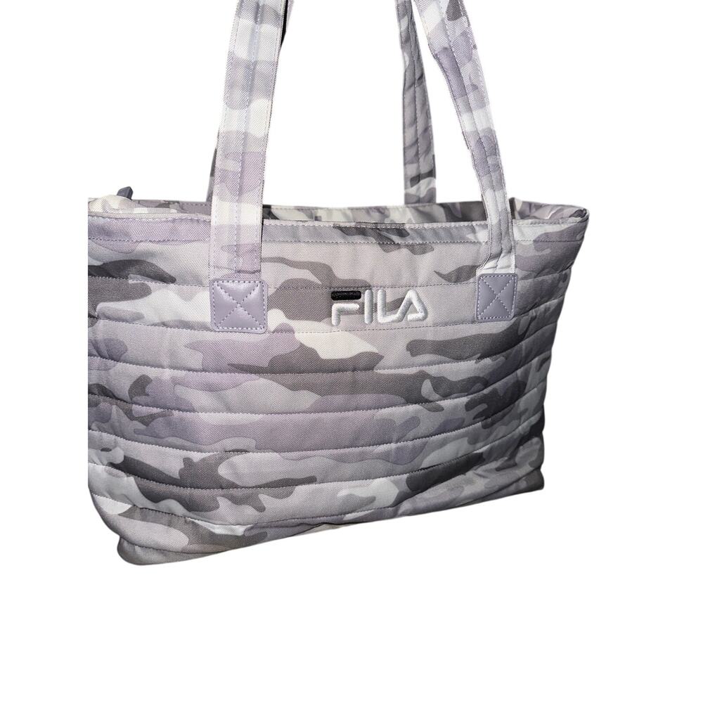 FILA Quilted Puffer Tote Bag Grey Camouflage Gym Travel Shoulder Handbag Large